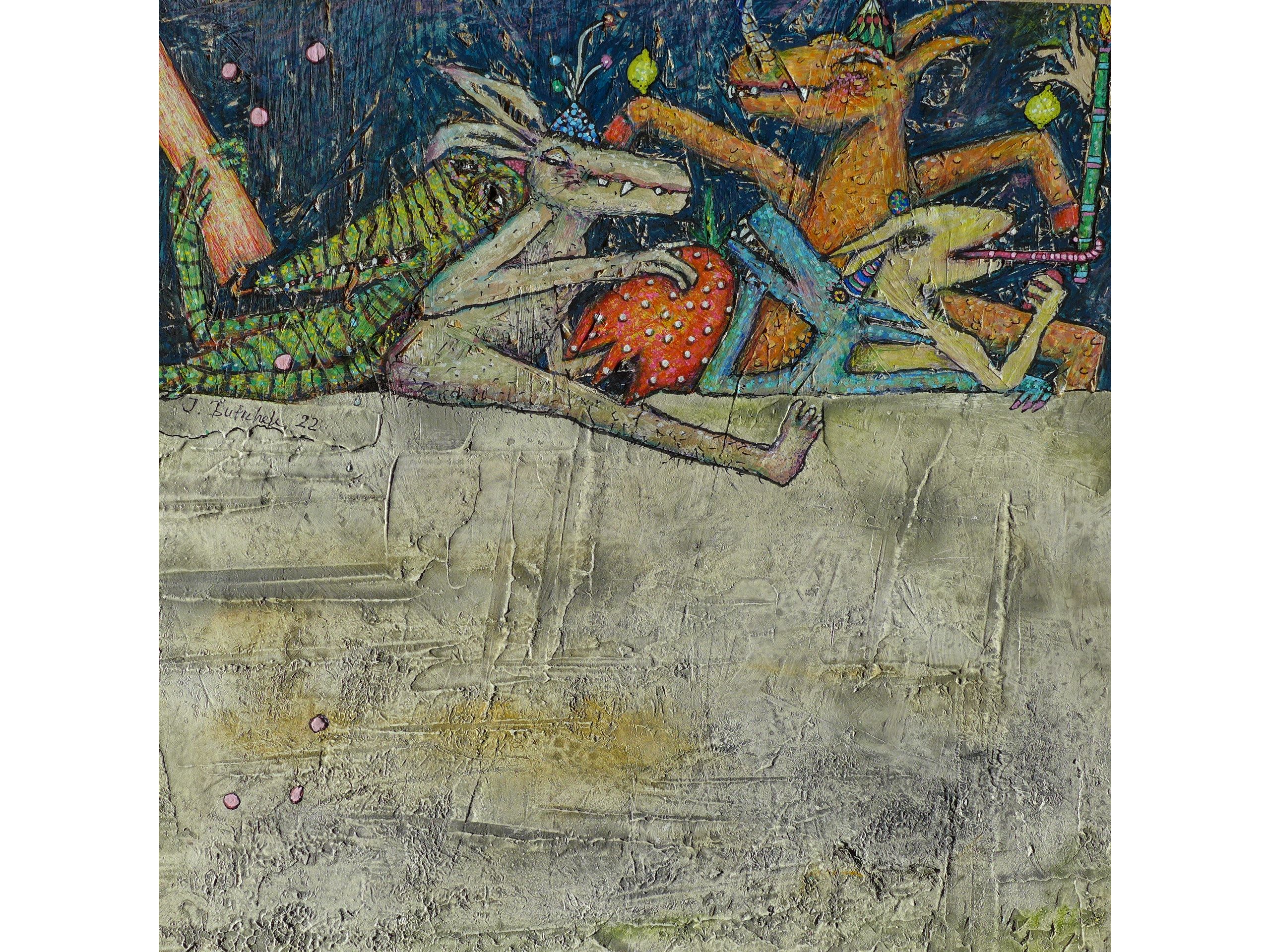 &#039;Hütchenparty&#039;, 2022, Mischtechnnik auf OSB, 32 x 32 cm, 160 €