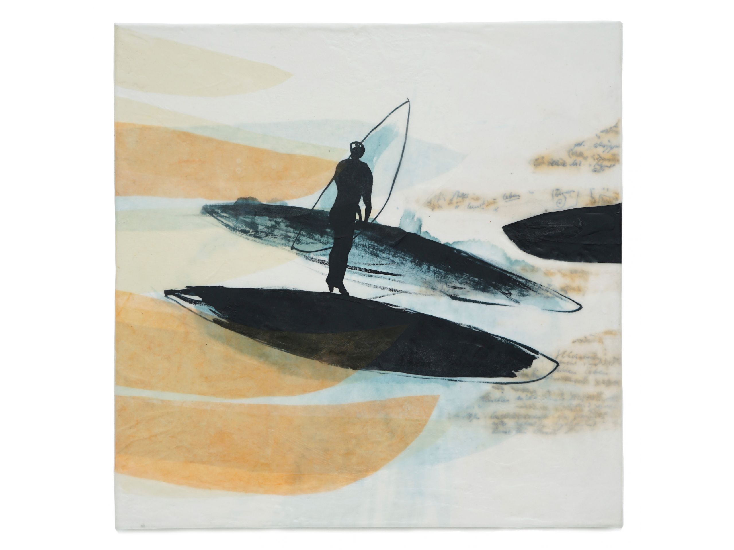 'Gegenwind', 2020, Tusche, Acryl, Wachs, Collage auf Leinwand, 50 x 50 cm, 600 € 