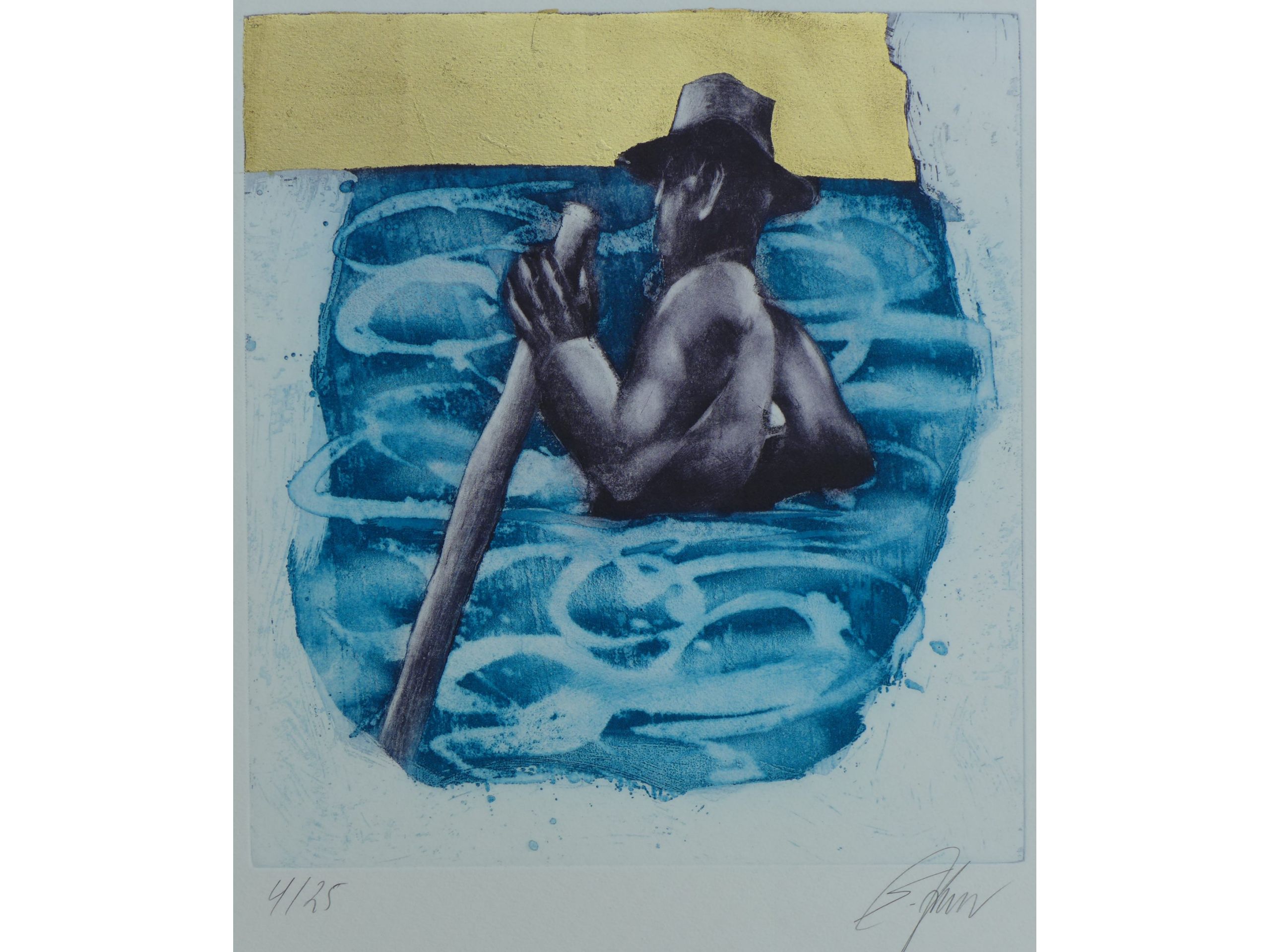 &#039;Abfahrer&#039;, 2010, Farbradierung/Blattgold, 37 x 34 cm, 80 €