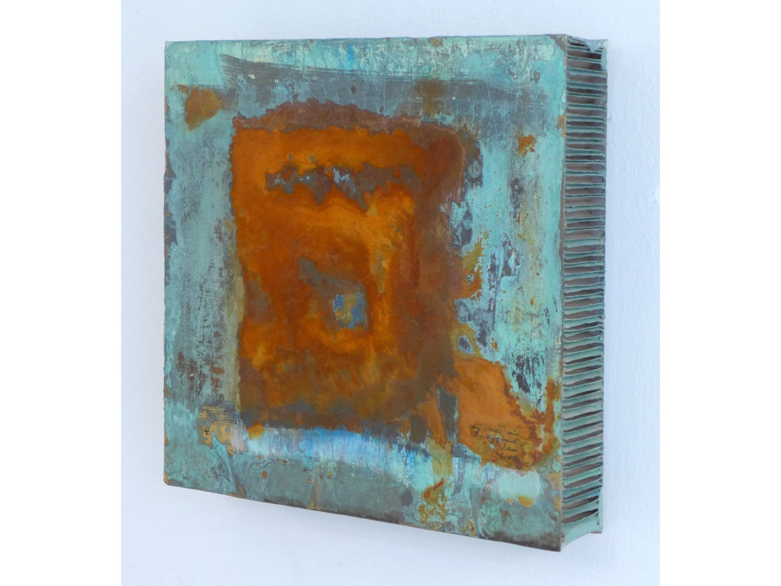 &#039;Türkis taucht unter I&#039;, 2019, Mischtechnik auf Wabenkarton, 30 x 30 cm, 60 € 