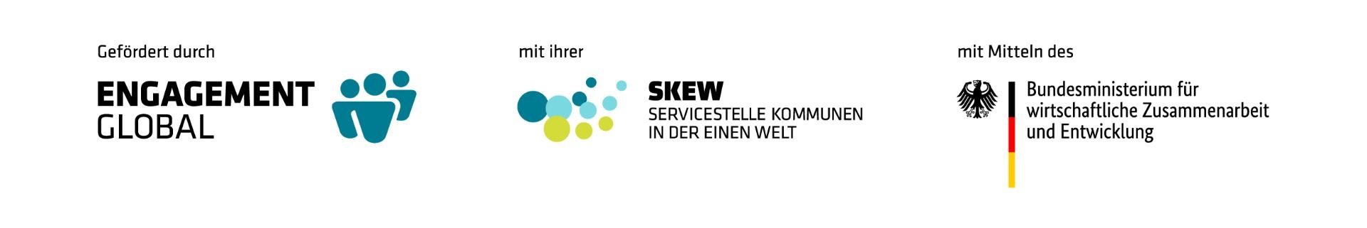 Logos der drei Fördermittelgeber: Engagement Global, Servicestelle Kommunen in der Einen Welt und Bundesministerium für wirtschaftliche Zusammenarbeit und Entwicklung