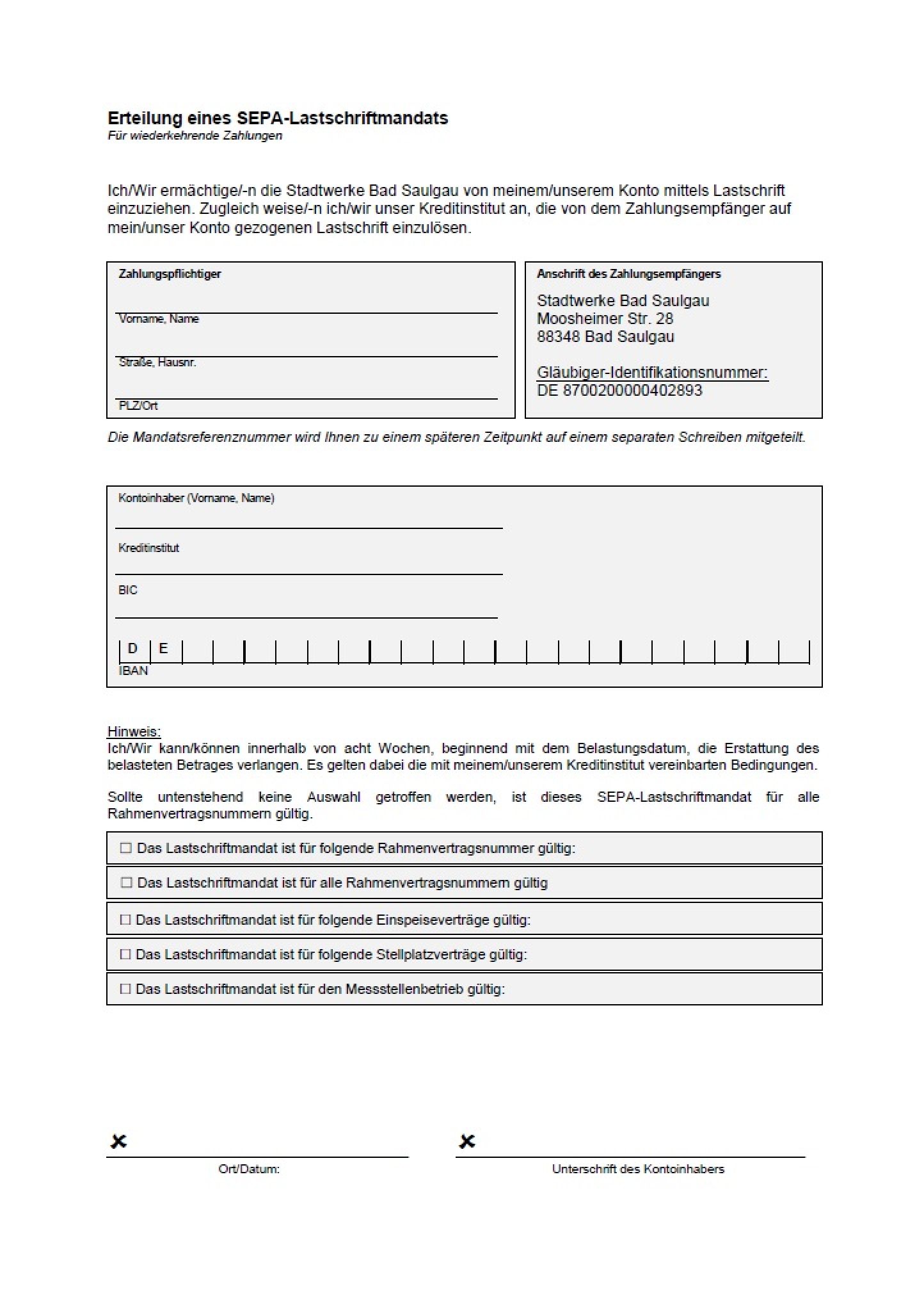 Sepa Lastschriftmandat Kfz Steuer Ausfüllen Stadtwerke Bad Saulgau :: SEPA-Lastschriftmandat