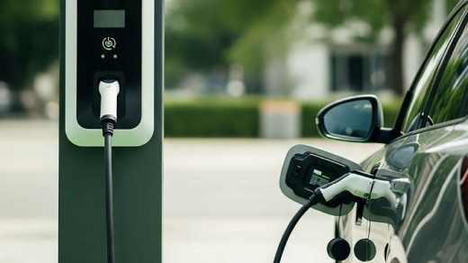 Bild E-Ladesäule mit Auto Bild E-Ladesäule mit Auto