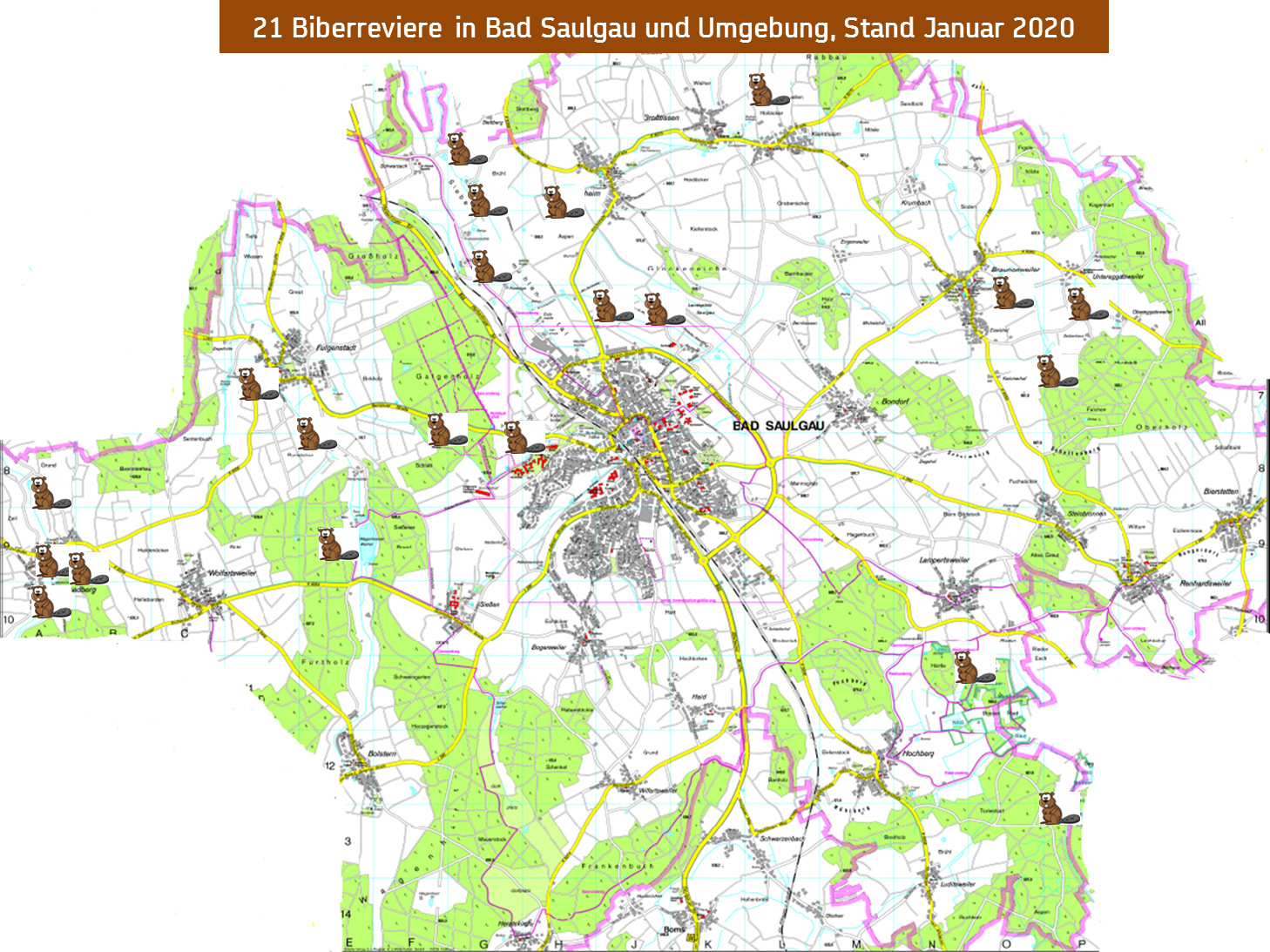 21 Biberreviere in Bad Saulgau und Umgebung, Stand 2020